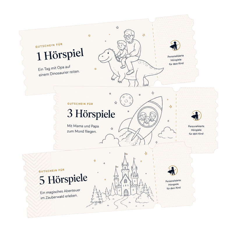 Drei Geschenkgutscheine für personalisierte Hörspiele - mit Drachen, Astronaut und Märchenschloss illustriert.